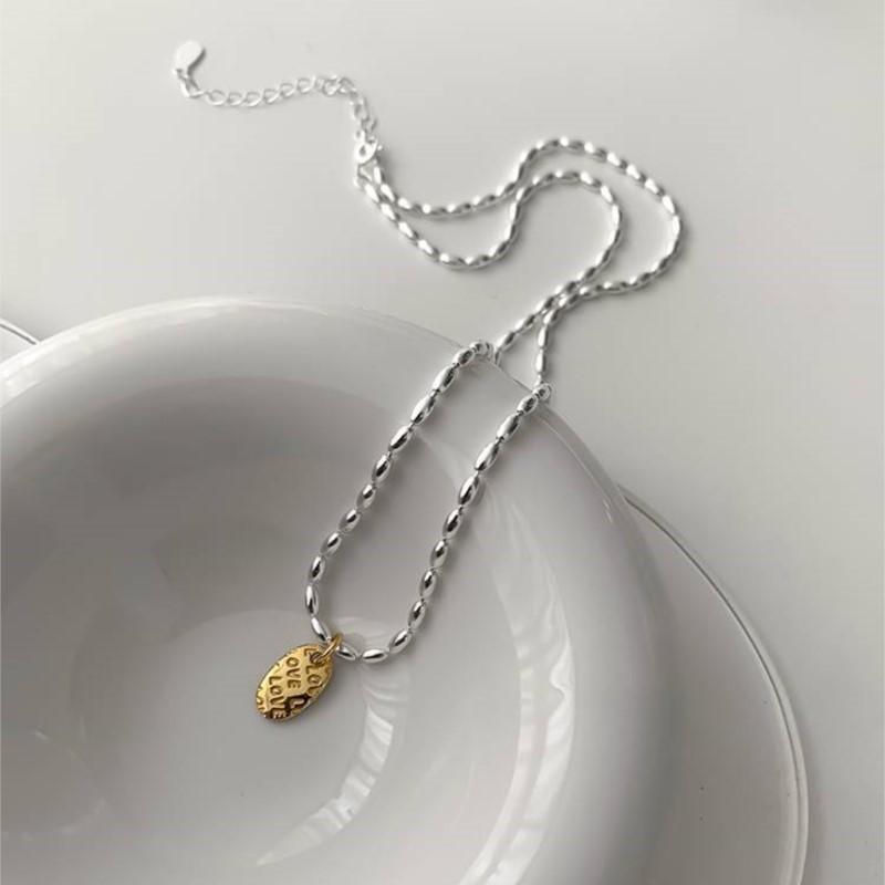 ANENJERY Love Letter Oval Pendant Olive Bead Rice Grain Necklace for Women Fashion Jewelry Summer Accessories