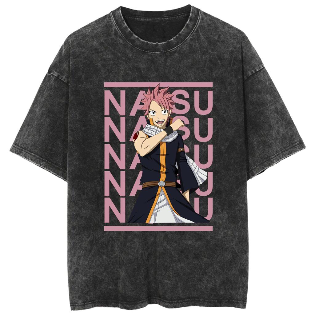 Washed T-shirt with Anime Design of Fairy Tail. Casual Cotton Summer Short-sleeved T-shirt for Both Men and Women