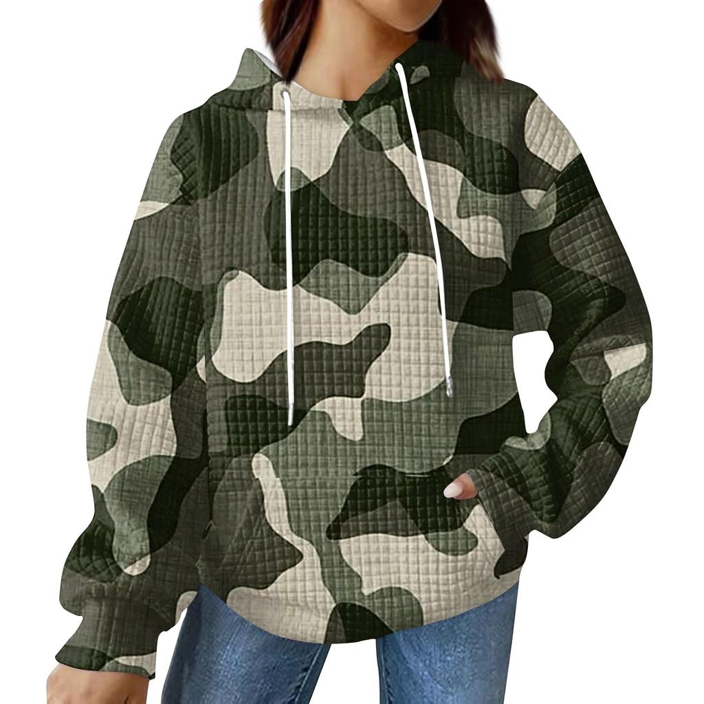 Women's Fashionable Loose Fitting Hooded Pullover, Long Sleeved Sportswear, Camouflage Printed Top, Daily Hoodie