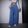 Women Denim Pants Bow Print Jeans High Waist Washed Distressed Straight Trousers Vintage Floor Length Streetwear Wide Leg Pants