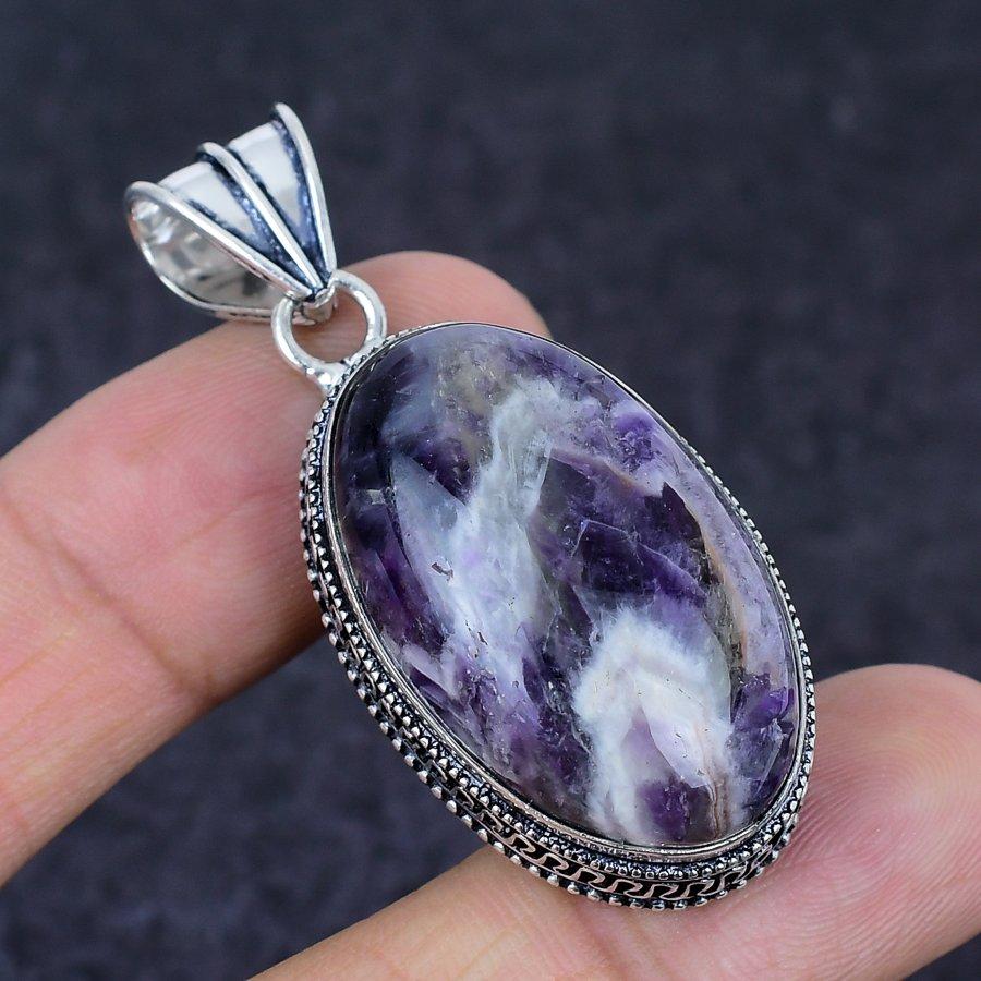 Chevron Amethyst Gemstone Handmade 925 Sterling Silver Pendant 2.05" n8H74