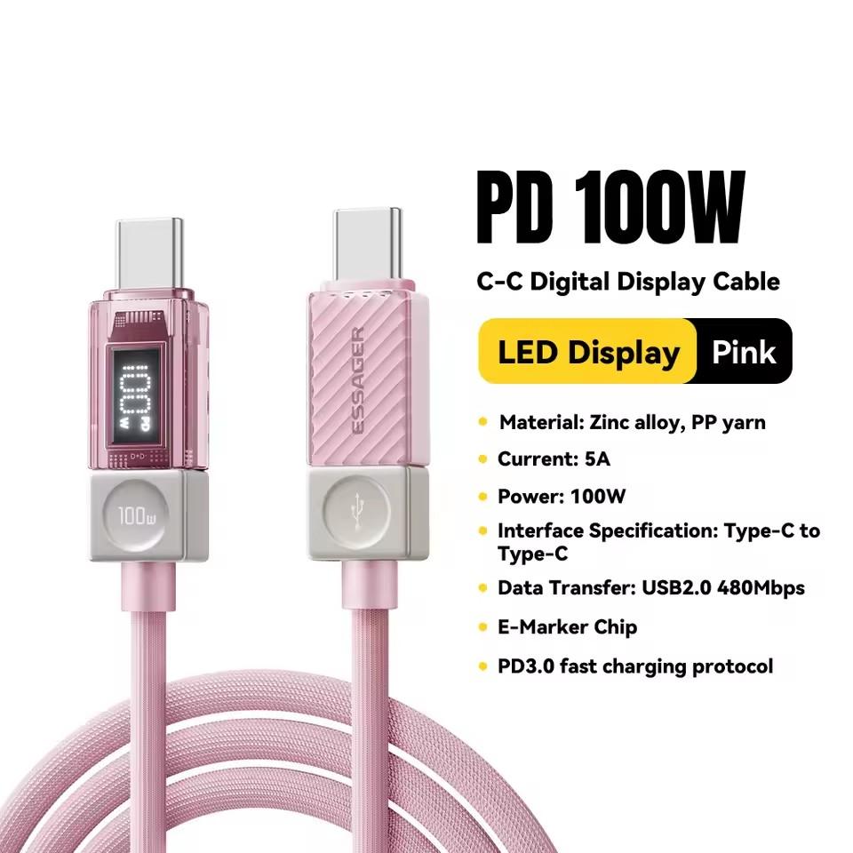 Essager Кабель Type C к Type C к USB C 100 Вт/240 Вт 5 А PD Кабель для быстрой зарядки для Macbook Xiaomi Samsung Кабель с цифровым дисплеем