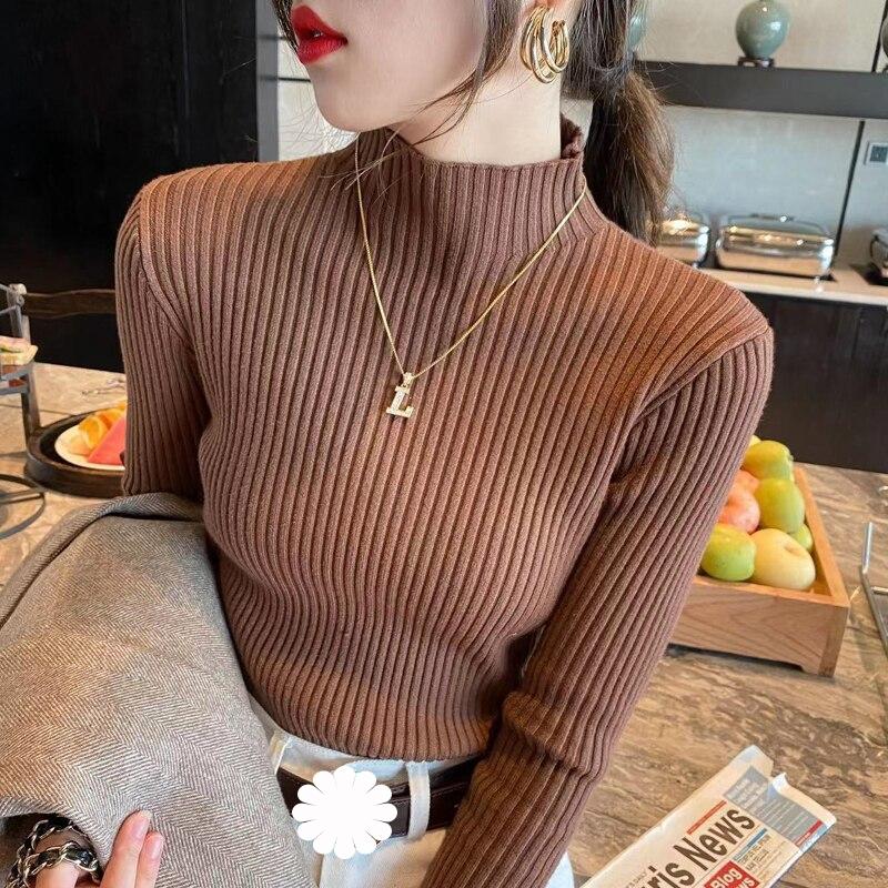 Водолазка с длинным рукавом, женский вязаный свитер, пуловер в стиле Харадзюку, простые свитера, эластичный корейский модный базовый джемпер, топы 29289