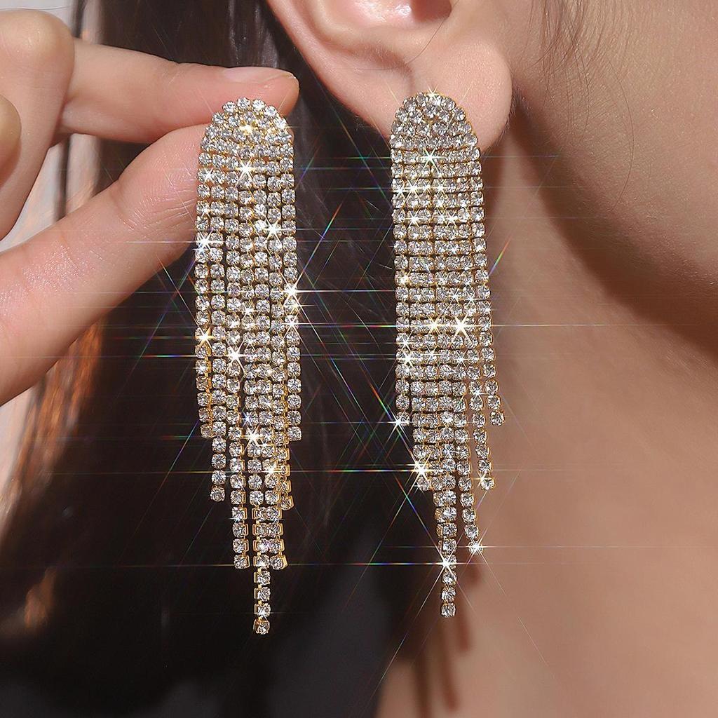 Premium Luxury Super Sparkle Rhinestone Long Tassel Earrings Women's Fashion Temperament Studded Earrings