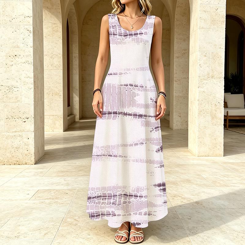 Women Loose Long Sundress,Lilac Gradient Stripe Pattern Sleeveless Travel Maxi Dress