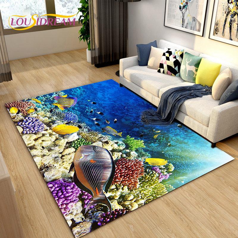 Подводный мир Морское дно Рыба Дельфин Коврик Большой, Коврик для гостиной Спальня Диван Коврик Кухня, Нескользящий напольный коврик