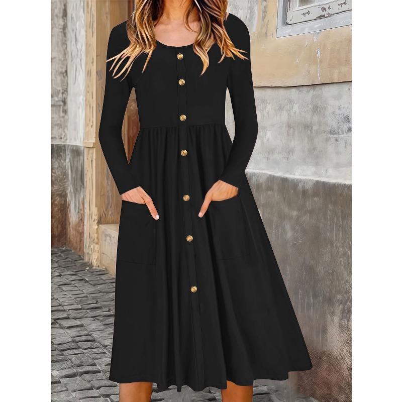 DICFY Women's Fashion Autumn Winter Solid Color Print Long Sleeve O-Neck  Casual Dresses