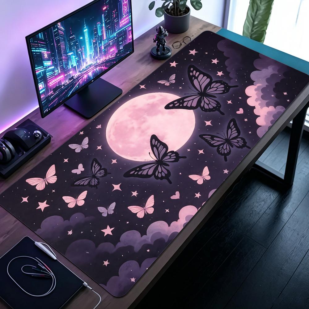 Pink Moon Butterfly Starry Sky Large 90x40 XXL Mouse Pad Non‑Slip Rubber Desk Mat Aesthetic Keyboard Mat for Gaming Office Decor
