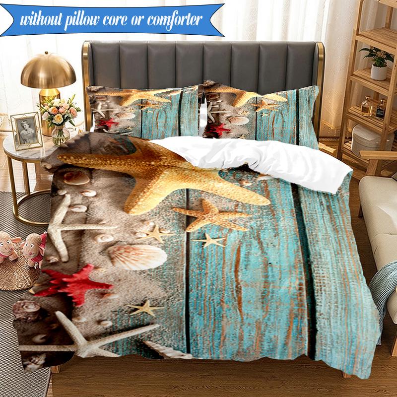 3PCS Ocean Starfish Shells Bedding Set,Including 1pc Duvet Cover And 2pcs Pillowcases Perfect for Bedroom, Dormitory, Fan Christmas gift