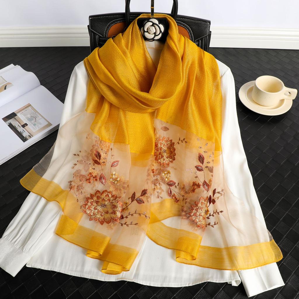 New 2025 Silk Scarf for Women Embroidery Shawl Wraps Female Wool Floral Bufanda Beach Stoles Hijab Head Scarves Hijab Echarpe
