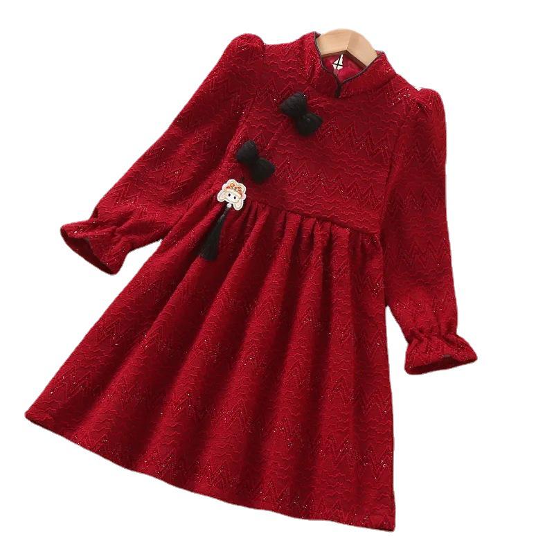 Платье принцессы из красного бархата «Чонсам» для девочек — в стиле ретро к китайскому Новому году