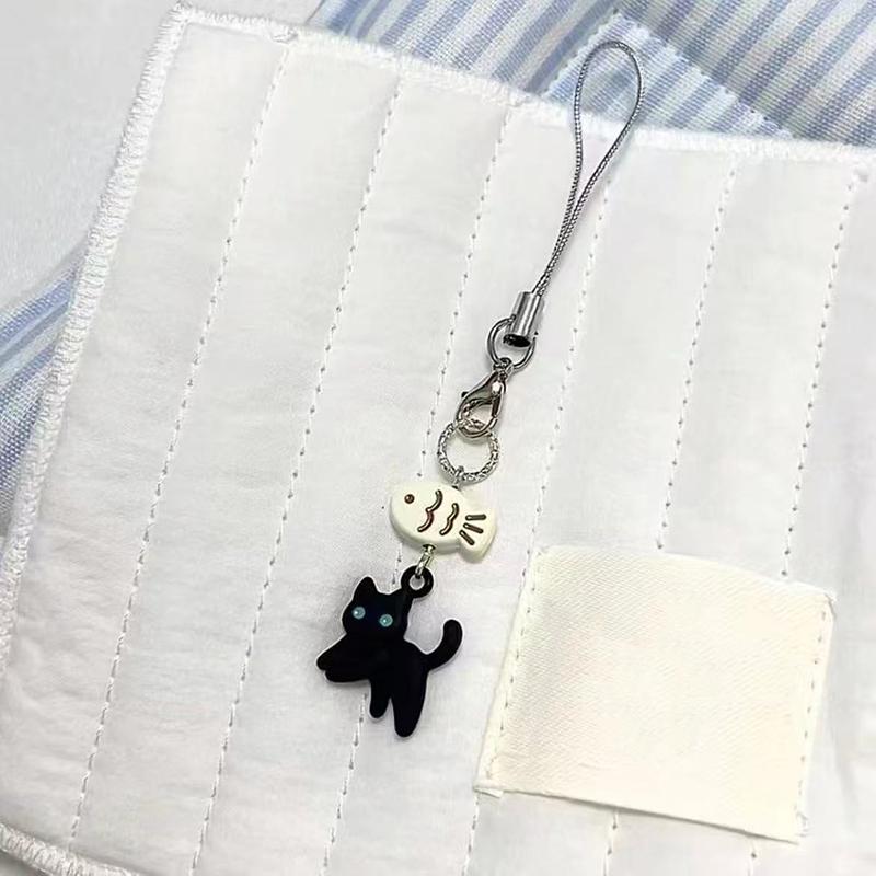 Милый брелок с черным котом, мультяшная цепочка для мобильного телефона, подвеска для камеры, декоративная цепочка для сумки, кавайный брелок