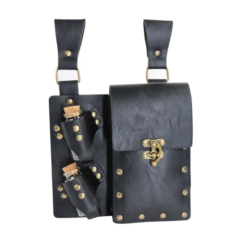Medieval Leather Belt Pouches With 2 Potion Bottle Halloween Wizard Waist Pouches Side Pack Halloween Costume Accessory