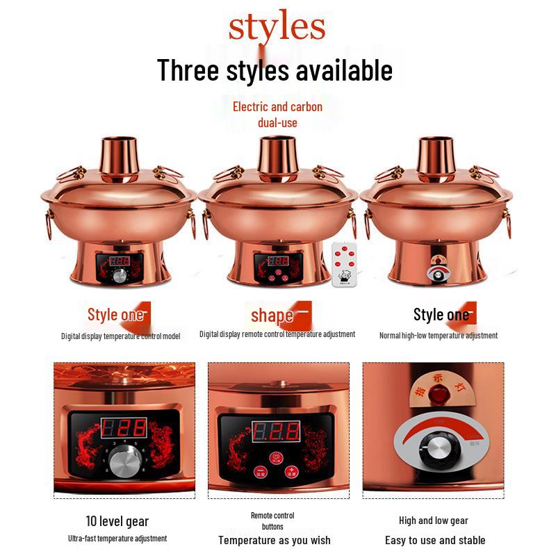 Электрическая фиолетовая медная двухфункциональная кастрюля для хот-пота: Регулируемая температура Шабу-Шабу Баранина Баранина Уголь и Подогреваемая Медная Кастрюля с Вилкой для Домашнего Использования