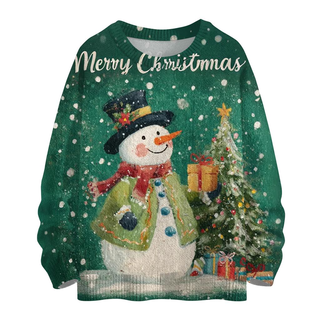 Ladies' Fashionable And Casual Christmas Cute Printed Round Neck Long Sleeved Knitted Yarn