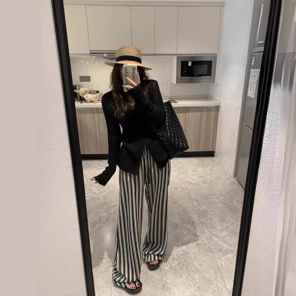 Женские брюки больших размеров в вертикальную полоску, с высокой талией, стройнящие, повседневные, длиной до пола, летние