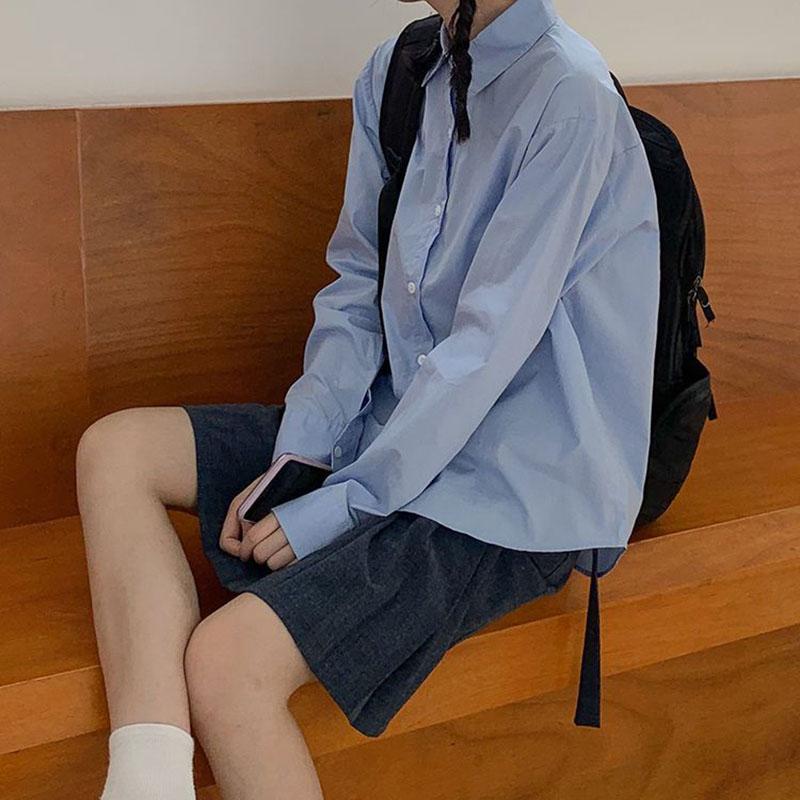 Женская однотонная рубашка, свободная блузка с длинными рукавами, рубашка с длинными рукавами в гонконгском стиле, летняя рубашка, модная одежда для девочек