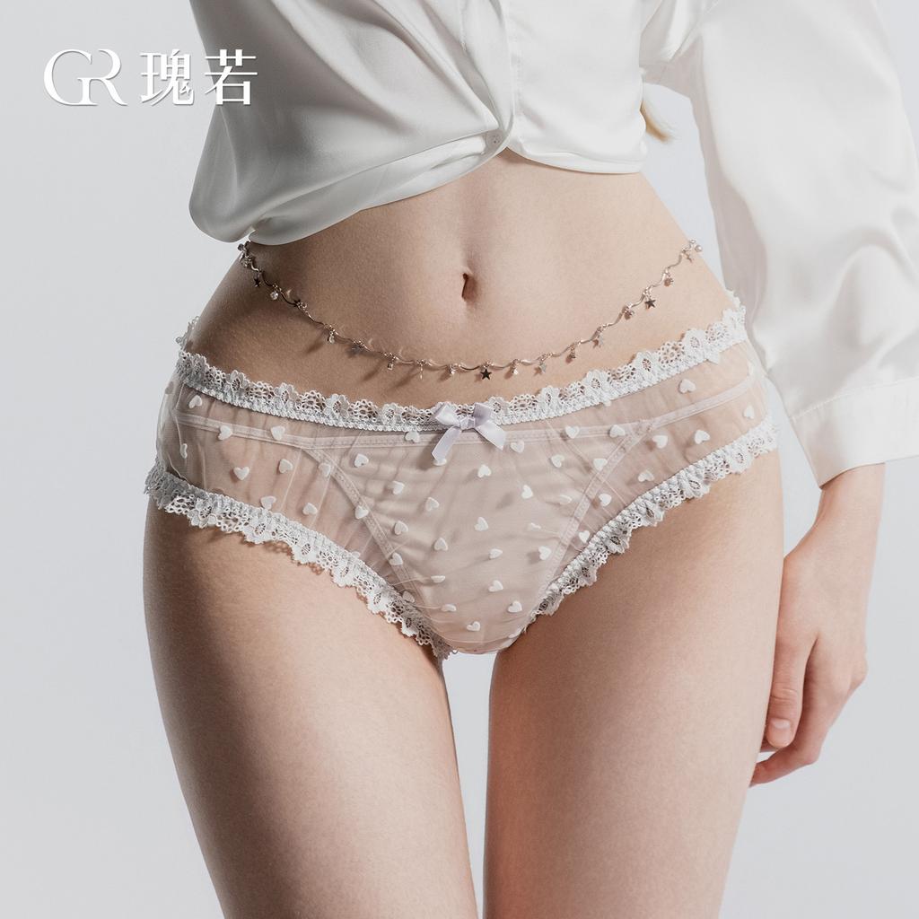 Women's Sheer Mesh Heart Flocked Cutout Low Rise Briefs