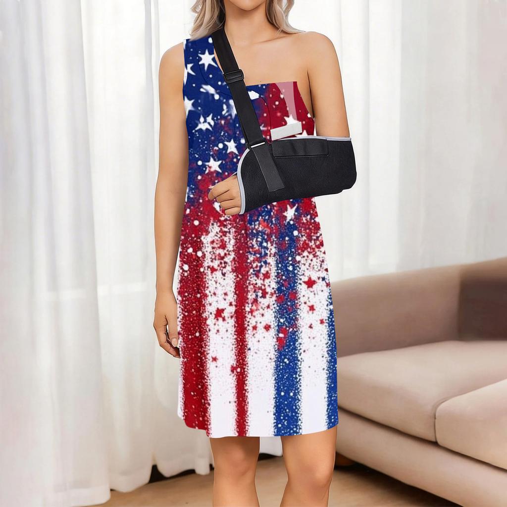 Sleeveless Independence Day Dress for Women Post Shoulder Surgery Adjustable Tearable Design Star Print Casual Summer Dress