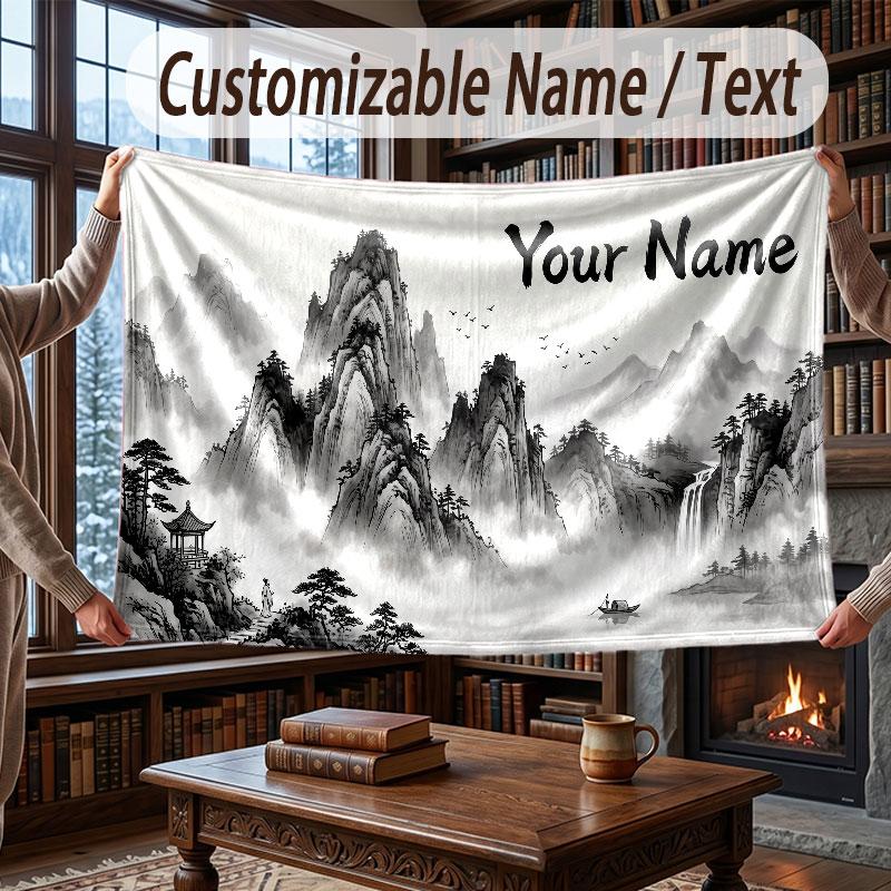 Mountain Landscape Theme Throw Blanket Custom Name Text Personalized Blanket Soft Cozy Blanket for Home Sofa Bed