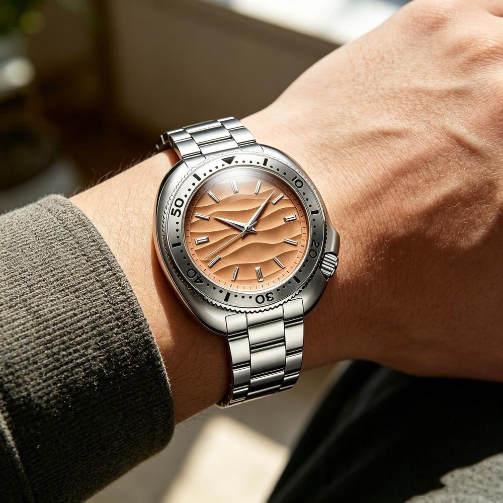Mens Vintage Watch Steel Quartz Analog Wrist Watch Wateproof Rotating Bezel Wave Orange Dial Dress Watch for Men
