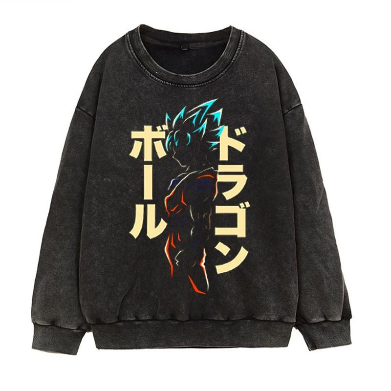 Vintage Washed Dragon Ball Anime Hoodie-Free Crewneck Sweatshirt Teens Men Streetwear Casual Long Sleeve Cotton