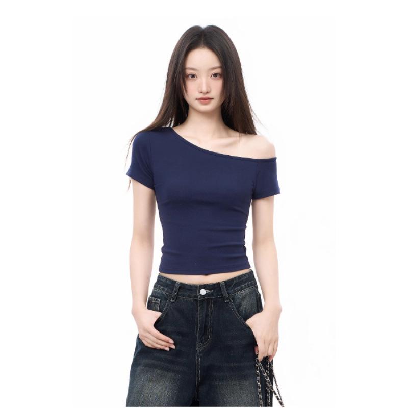 New slanted shoulder off-shoulder Spice Girl slim-fitting sexy short top