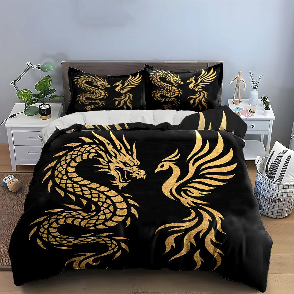 Golden dragon and phoenix. Bedding sets Duvet cover sets Duvet covers Pillowcases(1 * Duvet Cover 2 * Pillowcases without duvet insert)