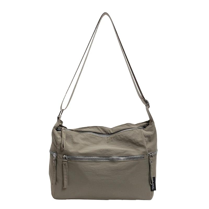 Monochromatic Decorative Nylon Shoulder Bag for Women with Zipper Casual Crossbody Bag