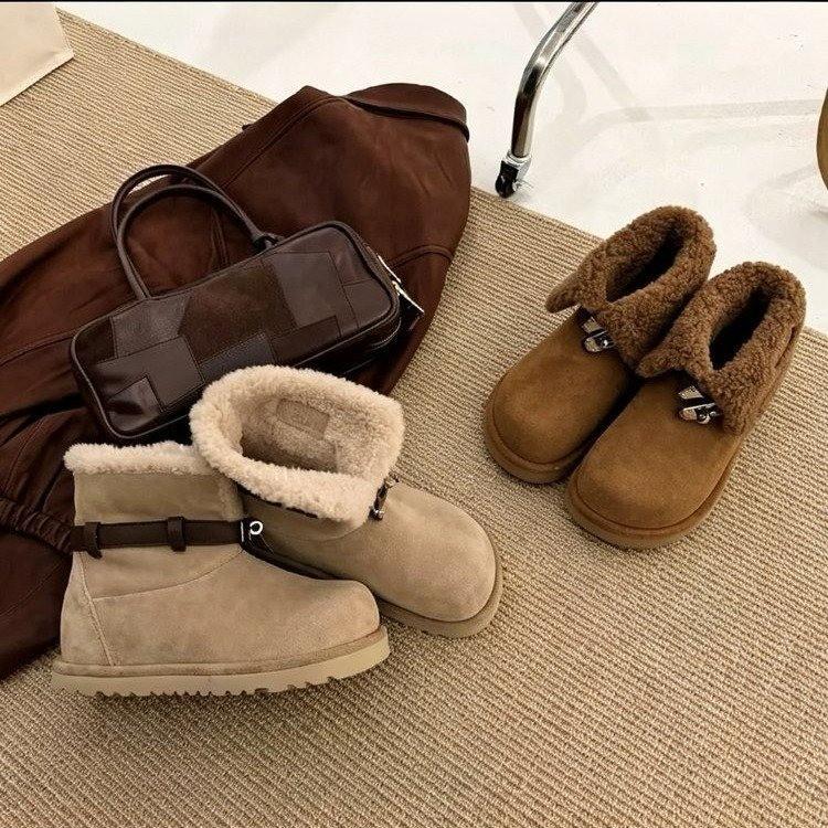 European Station Fashion Lapel Snow Boots Women's Winter New Soft Leather Wool Fleece Warm Doll Head Cotton Boots