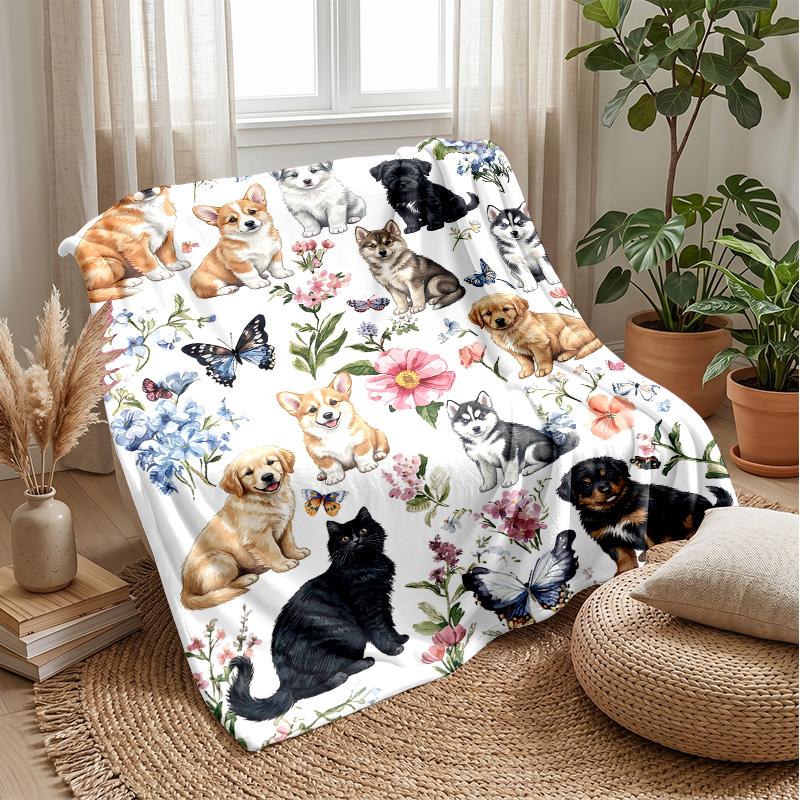 Puppies and Butterflies Garden Theme blanket Lightweight Warm Flannel Blanket Decorative Throw Blanket for Home Decoration