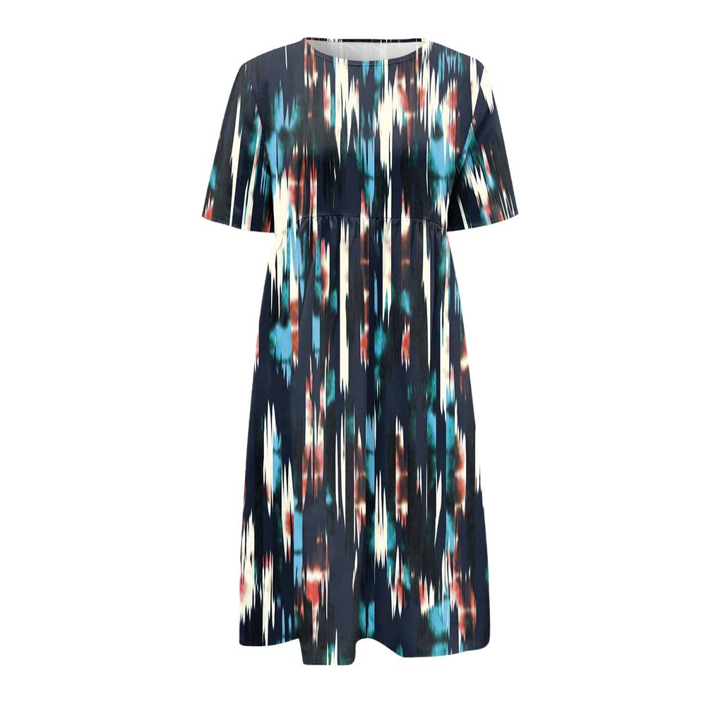 Жен. Повседневные платья Платья с принтами Летние платья С принтами Плиссированные платья-миди с круглым вырезом Классический Классический На открытом воздухе Повседневные С короткими рукавами Свободные платья