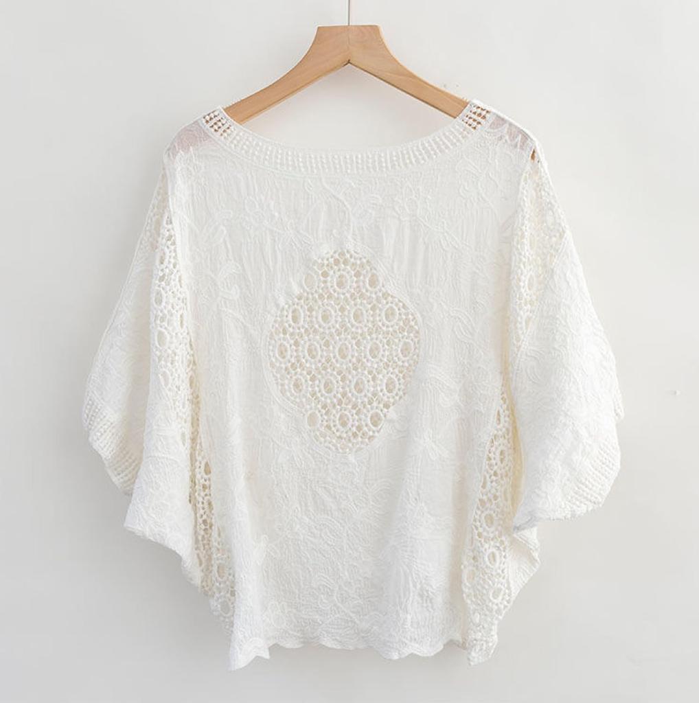 Haveli Lace Short Floral Loose Korean Solid Round Dolman and Stylish One Women's Blouse, Sleeve, Sheer, Print, Fit, Feminine, Stylish, Casual, Style,