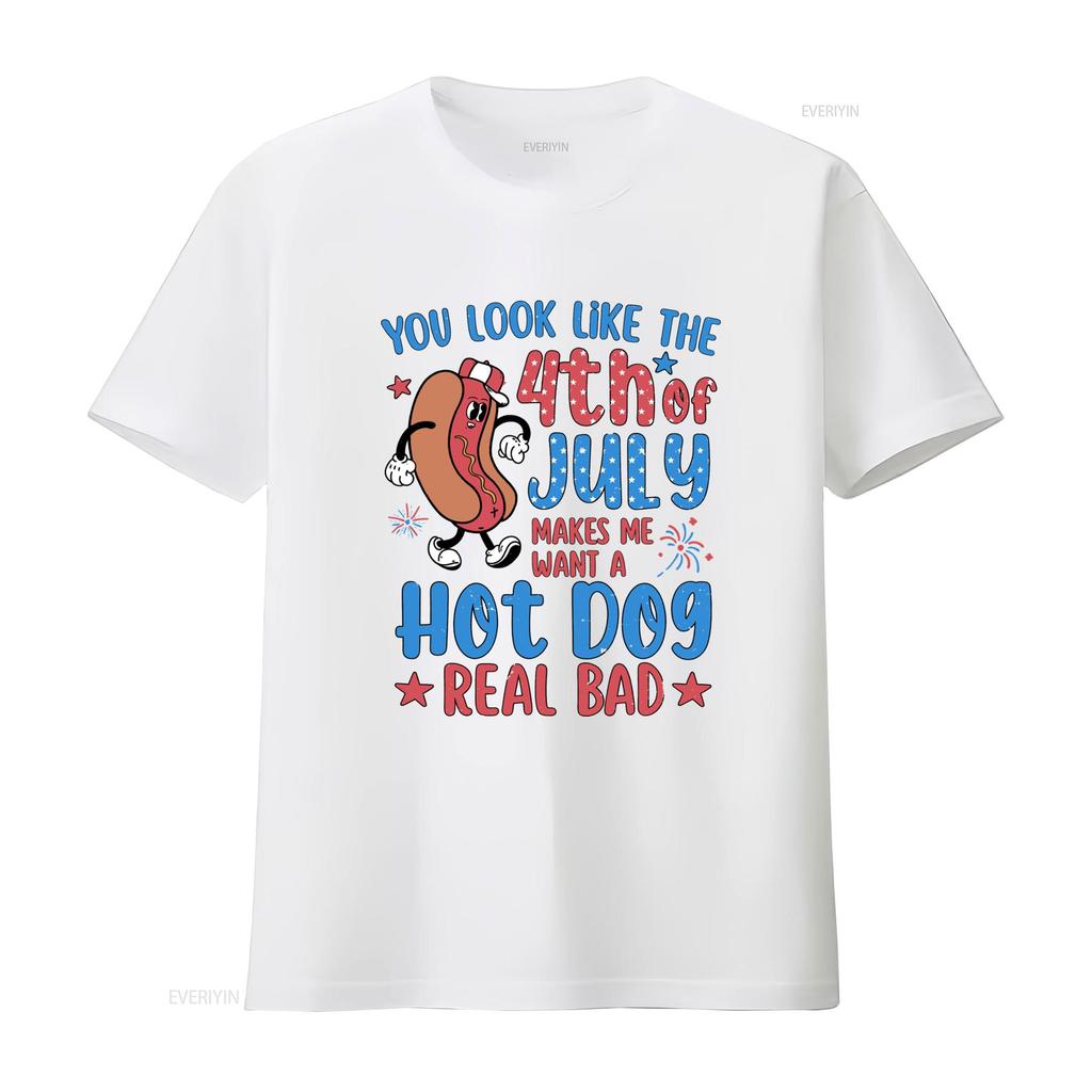 Funny th of July Cartoon Hot Dog Patriotic Slogan Print Casual T Shirt vintage Washed Breathable Slightly Versatile Unisex