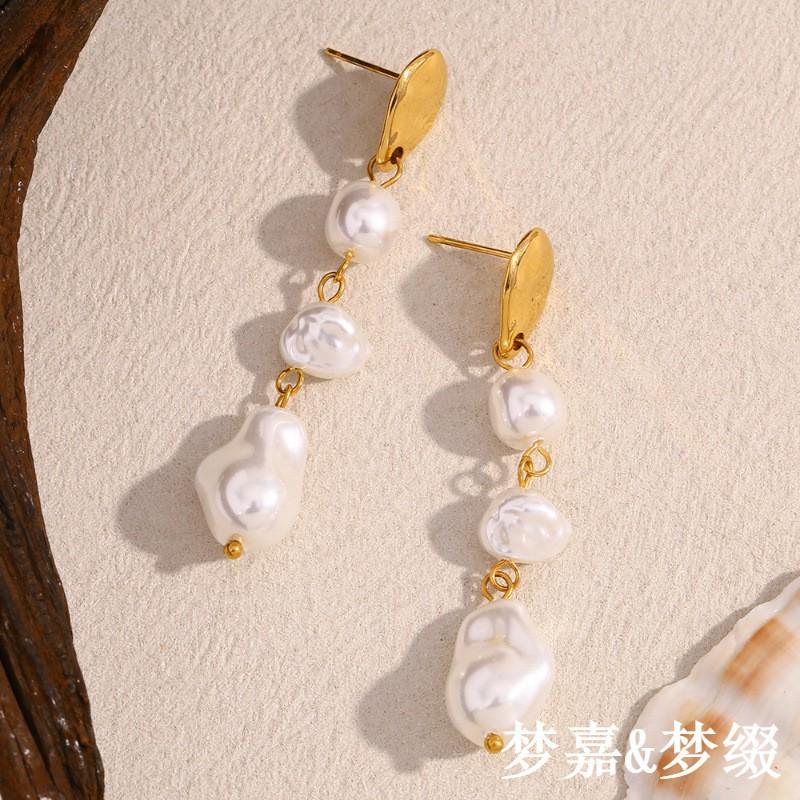 Irregular French Style Earrings Women Stainless Steel 18K Gold Plated With 3 Imitation Pearl Drop Studs