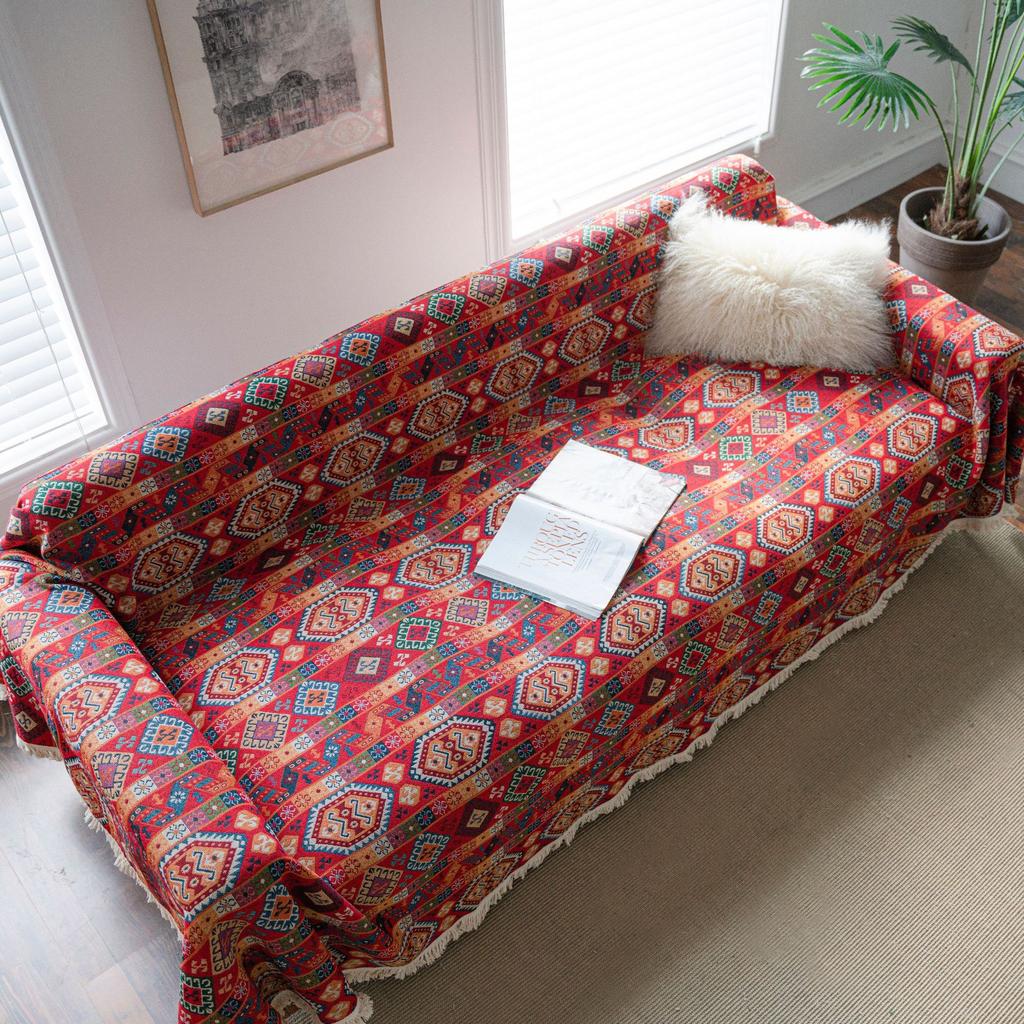 One-Piece Sofa Towel Anti-Cat Scratch Red Festive Ethnic Style Jacquard Thick Retro