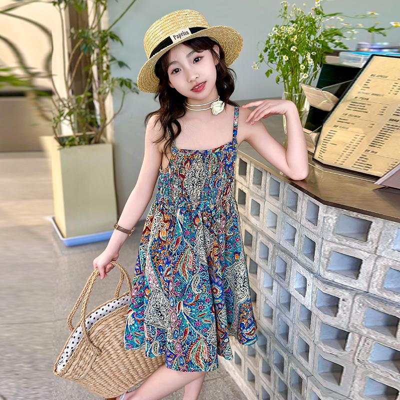 Girls' spaghetti strap dress, summer internet celebrity, girls' chiffon, children's clothing, floral princess beach dress, thin