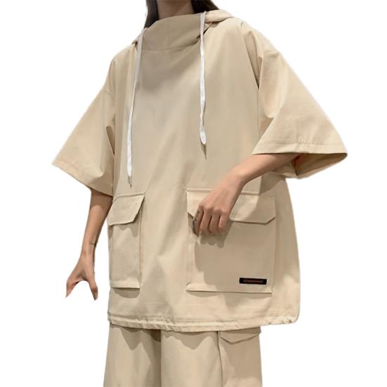 2 шт./компл. повседневный наряд унисекс, футболка с капюшоном и короткими рукавами, эластичный шнурок на талии, широкие шорты, комплект, однотонный свободный крой, наряд