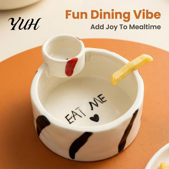 Ceramic Snack Bowl French Fries with Sauce Dipping Compartment, Heat Resistant Decorative Appetizer Server, Microwave Safe Dual Section Dish