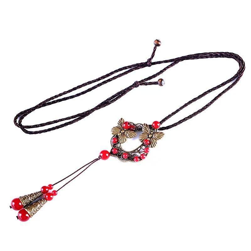 GEMCHIC Женское винтажное колье-подвеска с бабочкой, длинная цепочка для свитера, бохо, этнический стиль, украшение с красными бусинами