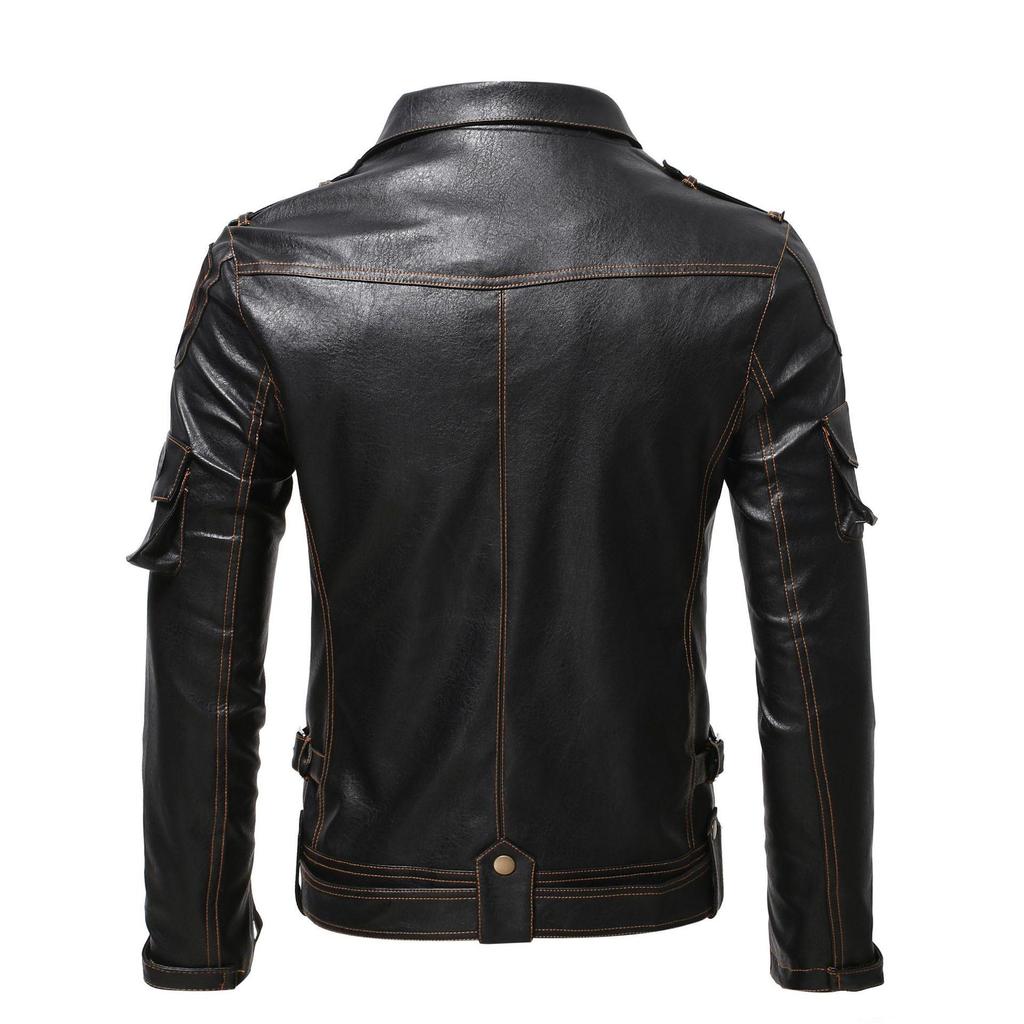 Men's Autumn and Winter Personalized Leather Jacket Slim Fit Multi Pocket Zipper Jacket