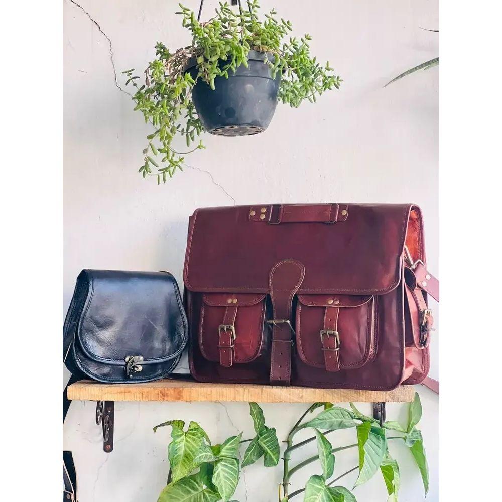 Новая сумка-мессенджер из козьей кожи через плечо, коричневая сумка ручной работы из козьей кожи ( Бесплатная черная сумка-слинг, размер - 9 x 7 x 3 дюйма )