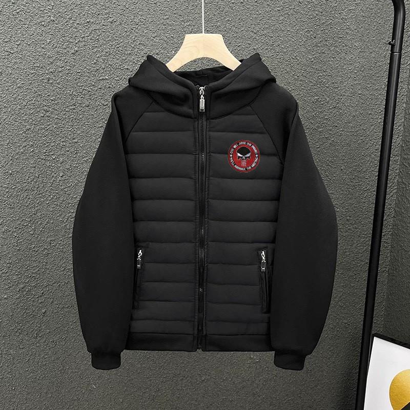 26 High-Quality Trendy Red Black Round Badge Hooded Warm Lightweight Cotton Puffer Jacket Men