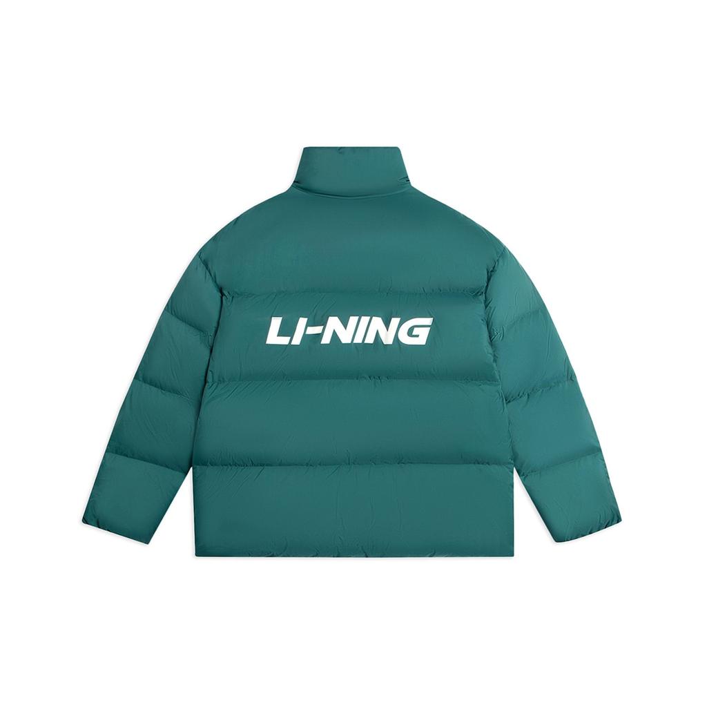 LiNing Logo Повседневная короткая куртка-пуховик с воротником-стойкой, унисекс, верхняя одежда, цвет морской сосны, зеленый AYMS337-5