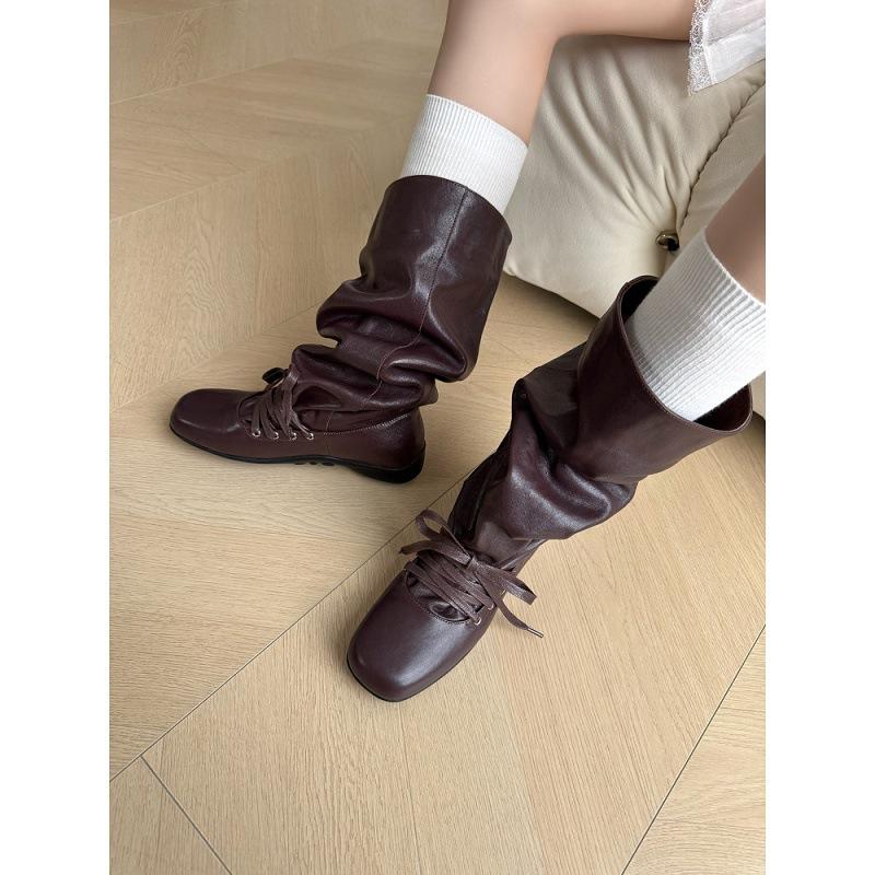 Супермягкая овчина~ кожа квадратный носок плиссированные западные ботинки на меху женские ретро на толстой подошве с большим обхватом голенища рыцарские сапоги длинные сапоги