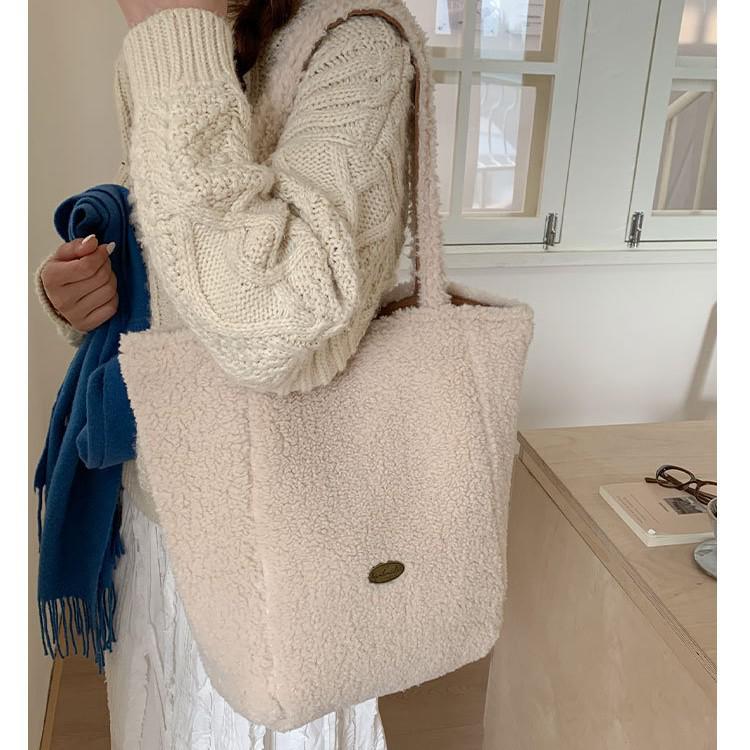 Embroidered Plush Tote Backpack - Double-Sided Design for Commuting