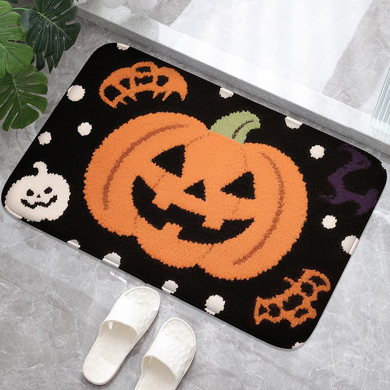Monster Face Pumpkin Pattern Bathroom Floor Mat, Bathtub Absorbent Foot Mat, Shower Room Small Carpet, Bathroom Door Mat