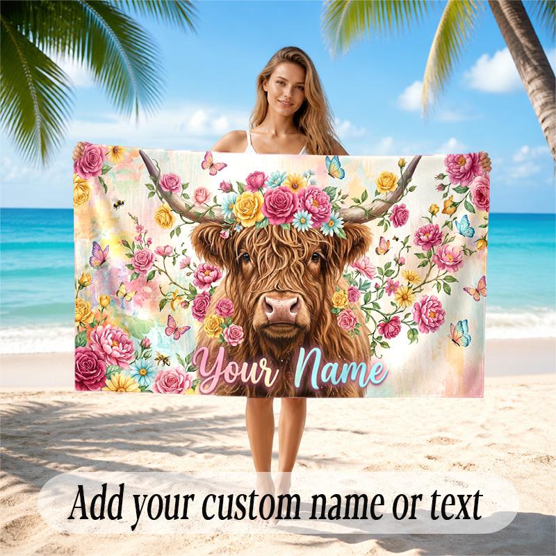 Highland Cow Theme Quick Dry Beach Towel Custom Name Text Print Large Sand Resistant Towel Beach Vacation