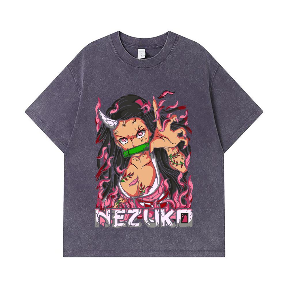 275 GSM Washed T-shirts 100% Cotton Demon Slayer V73 Nezuko Print Unisex Heavy Cotton T Shirt