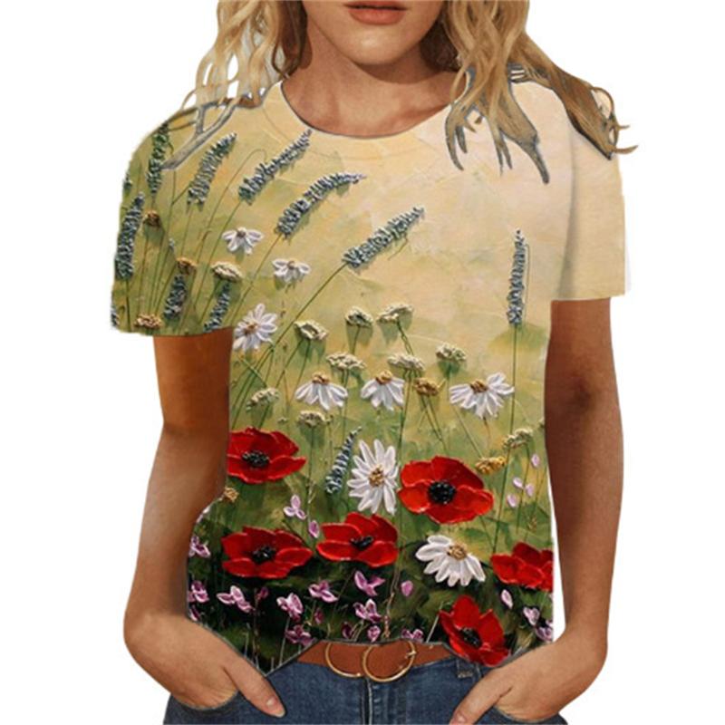 Летняя женская футболка с цветочным 3d принтом, женские модные футболки с цветочным узором, новые эстетические топы, футболка большого размера для девочек